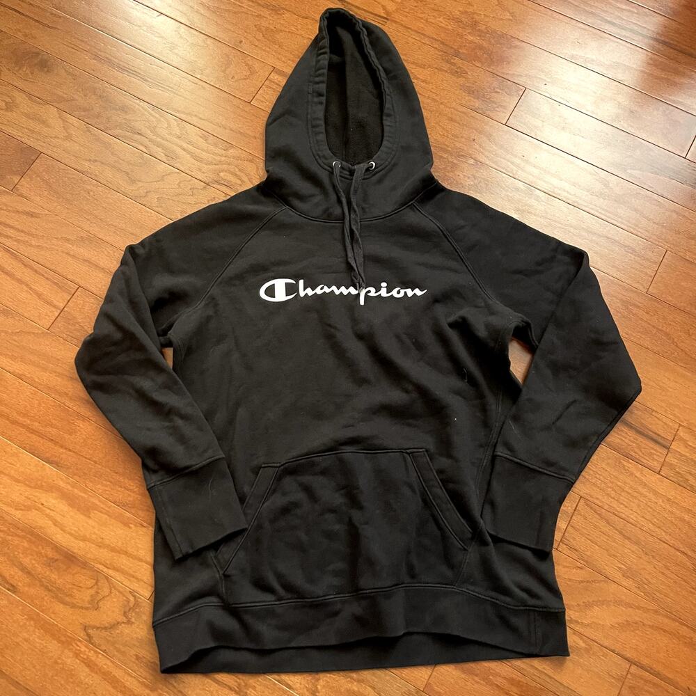 Champion Black Logo Pocket Long Sleeve Hoodie Sweatshirt Size Large